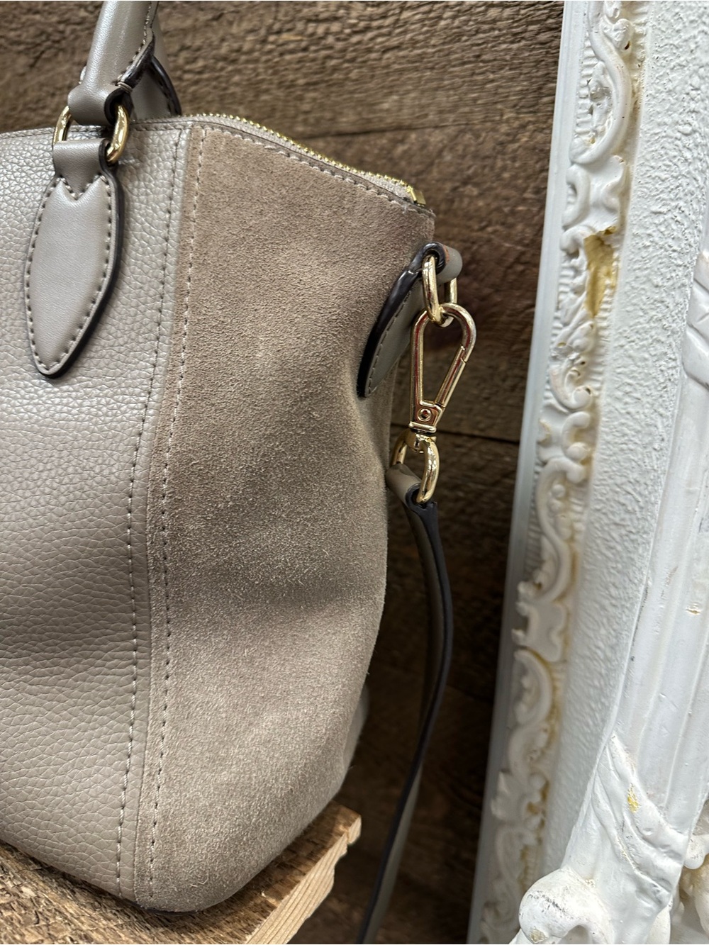 Michael Kors Taupe Pebbled Leather & Suede Satchel Crossbody Bag - Picture 6 of 8